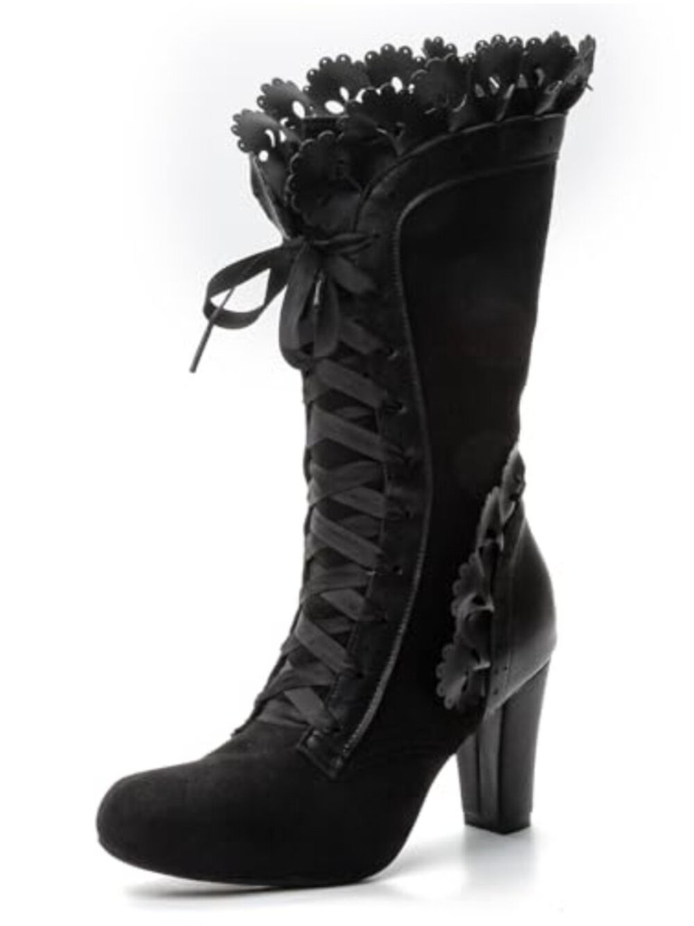 Victorian Lace Up Mid Calf Boots Faux Suede Cuban Heel Ruffles Bow Women